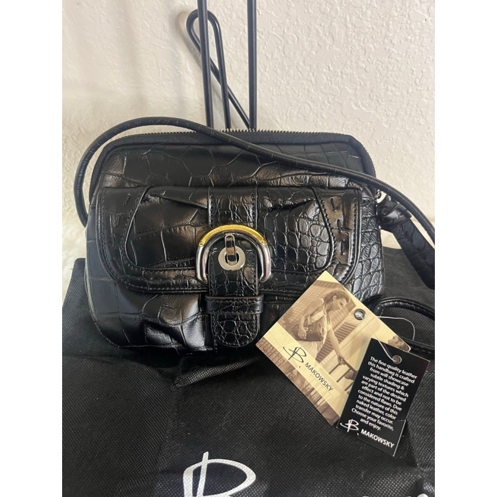 NWT Brighton black croc-embossed leather crossbody bag with a buckle closure